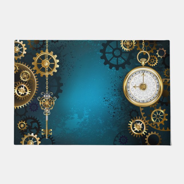 Steampunk turquoise Background with Gears Doormat (Front)