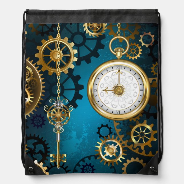 Steampunk turquoise Background with Gears Drawstring Bag (Front)