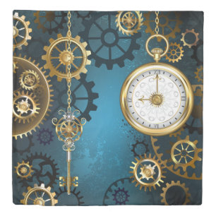 Steampunk turquoise Background with Gears Duvet Cover