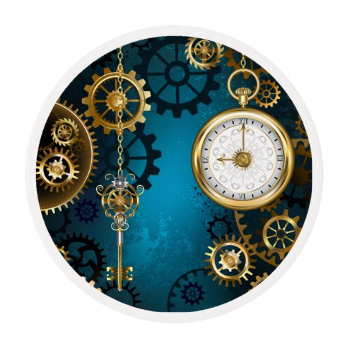 Steampunk turquoise Background with Gears Edible Frosting Rounds