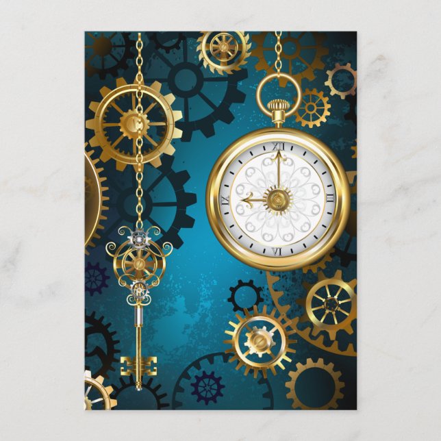 Steampunk turquoise Background with Gears Enclosure Card (Front)