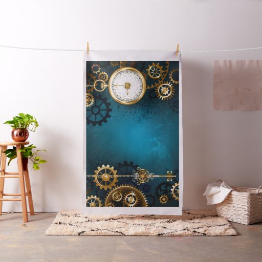 Steampunk turquoise Background with Gears Fabric