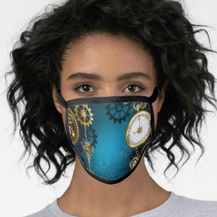 Steampunk turquoise Background with Gears Face Mask