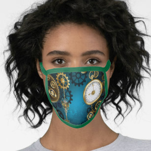 Steampunk turquoise Background with Gears Face Mask