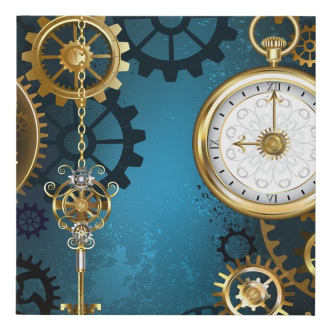 Steampunk turquoise Background with Gears Faux Canvas Print (Front)
