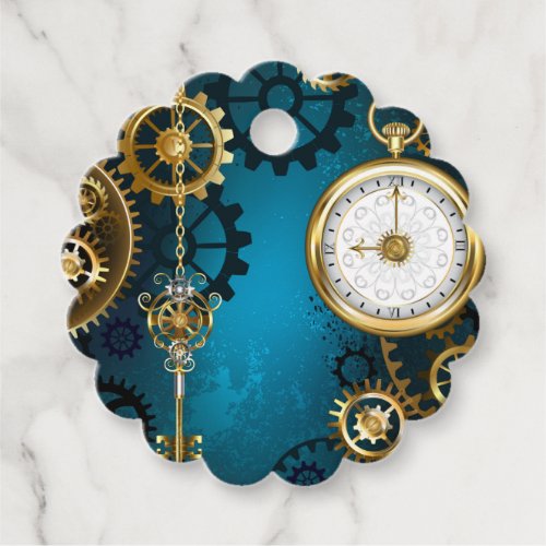 Steampunk turquoise Background with Gears Favor Tags