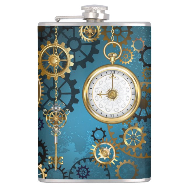 Steampunk turquoise Background with Gears Flask (Front)