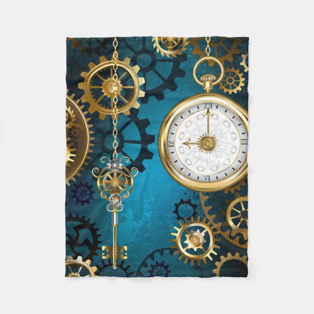 Steampunk turquoise Background with Gears Fleece Blanket (Front)