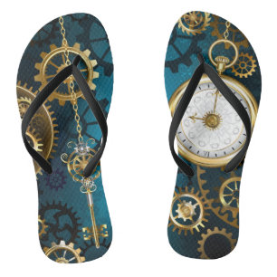 Steampunk turquoise Background with Gears Flip Flops