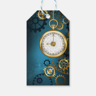 Steampunk turquoise Background with Gears Gift Tags