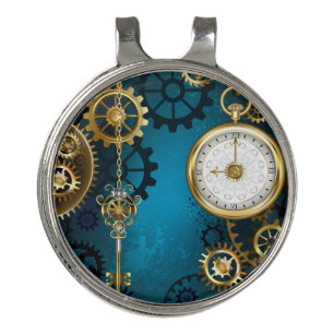 Steampunk turquoise Background with Gears Golf Hat Clip