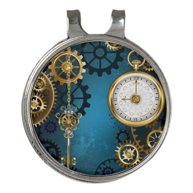 Steampunk turquoise Background with Gears Golf Hat Clip (Front)