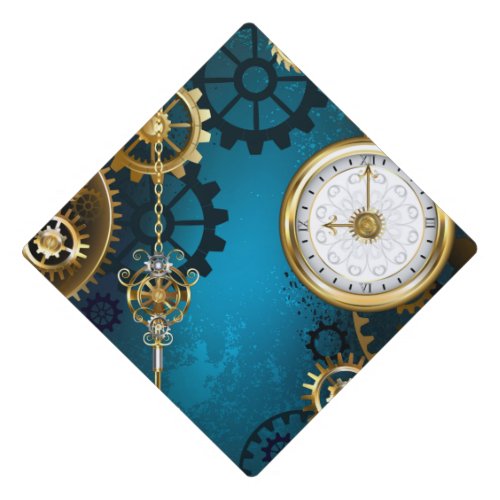 Steampunk turquoise Background with Gears Graduation Cap Topper