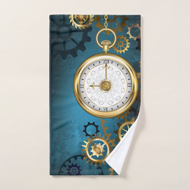 Steampunk turquoise Background with Gears Hand Towel (Hand Towel)