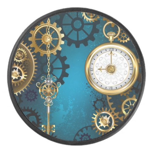 Steampunk turquoise Background with Gears Hockey Puck