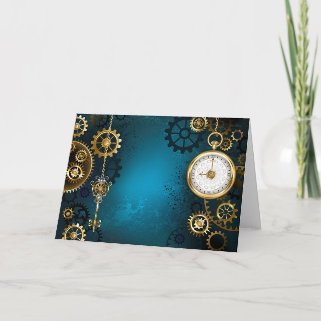Steampunk turquoise Background with Gears Holiday Card (Front)