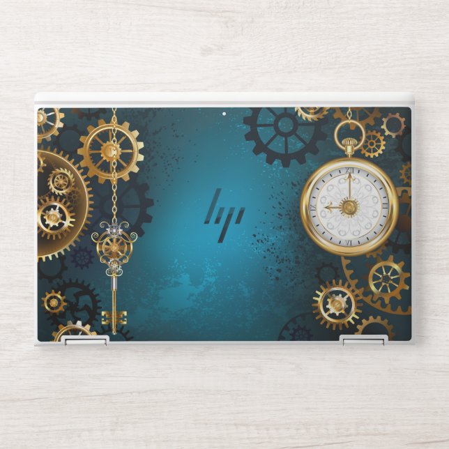 Steampunk turquoise Background with Gears HP Laptop Skin (Front)