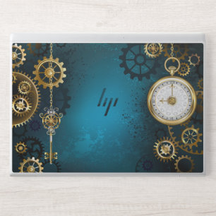 Steampunk turquoise Background with Gears HP Laptop Skin
