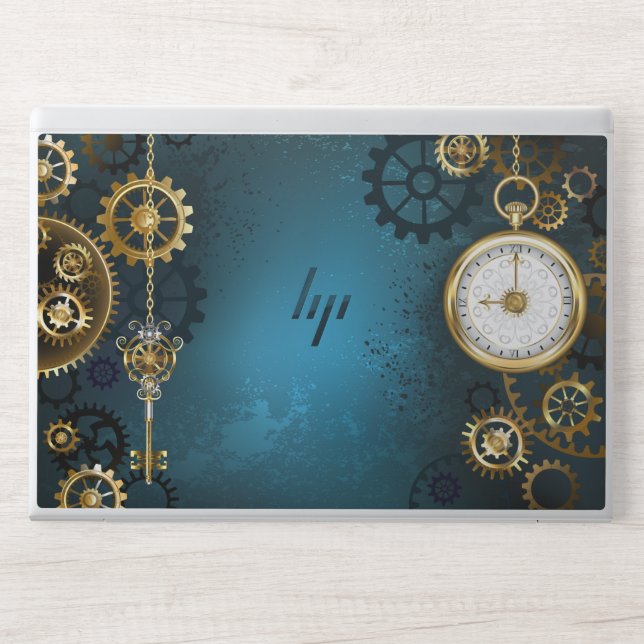Steampunk turquoise Background with Gears HP Laptop Skin (Front)