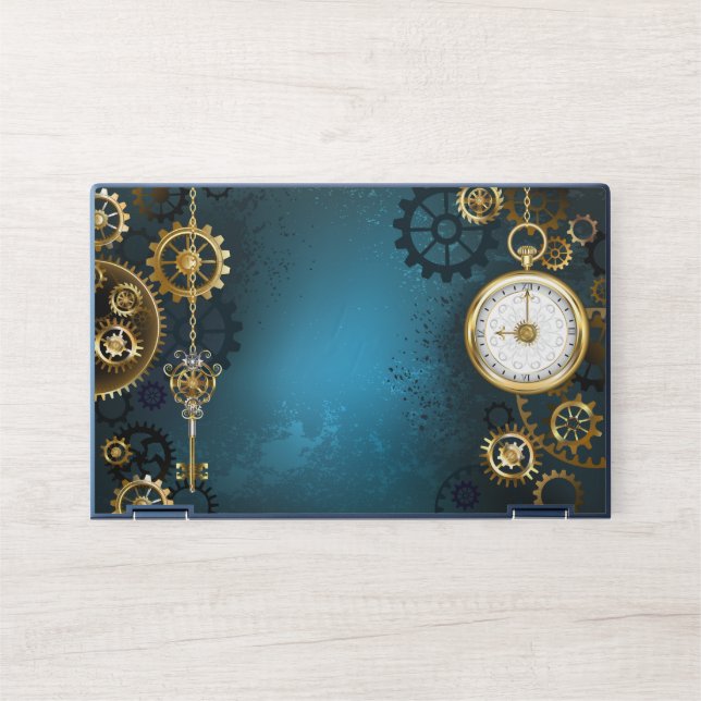 Steampunk turquoise Background with Gears HP Laptop Skin (Front)