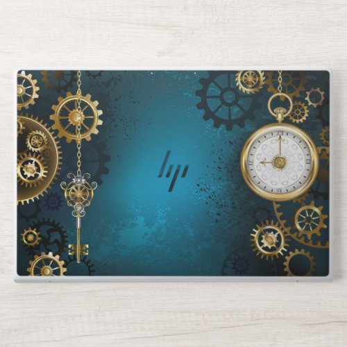 Steampunk turquoise Background with Gears HP Laptop Skin