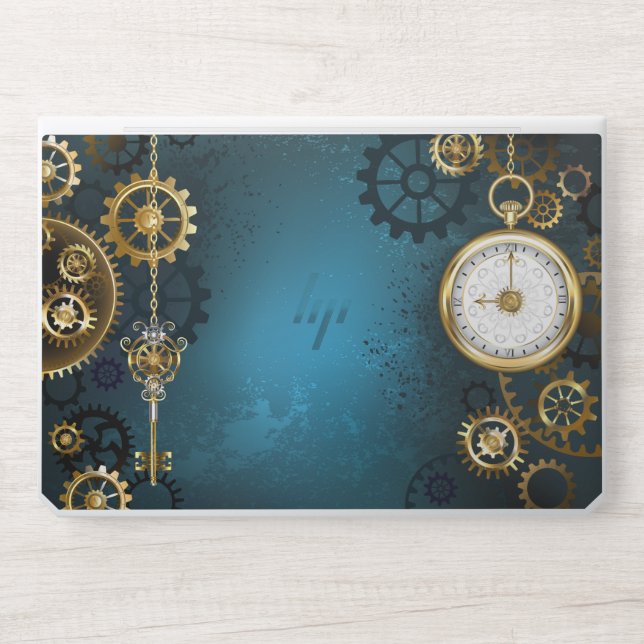 Steampunk turquoise Background with Gears HP Laptop Skin (Front)