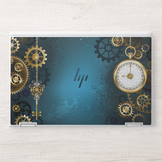 Steampunk turquoise Background with Gears HP Laptop Skin (Front)