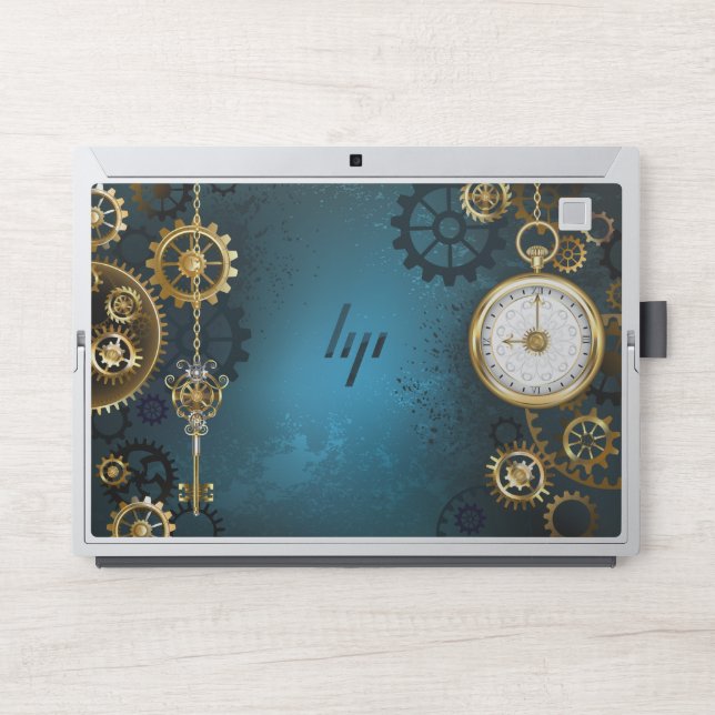 Steampunk turquoise Background with Gears HP Laptop Skin (Front)