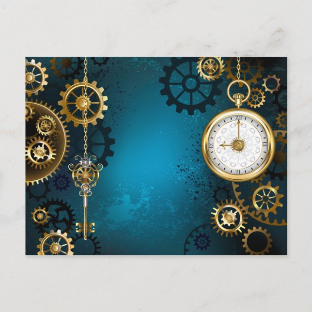 Steampunk turquoise Background with Gears Invitation Postcard (Front)