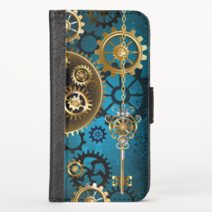 Steampunk turquoise Background with Gears iPhone XS Wallet Case
