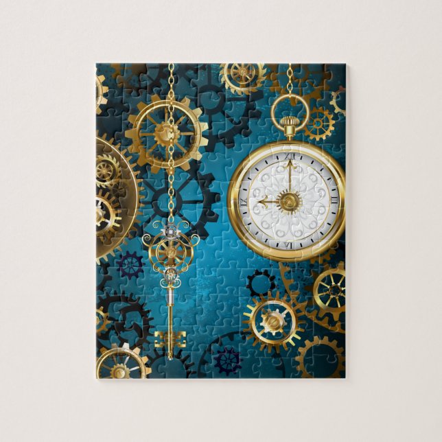 Steampunk turquoise Background with Gears Jigsaw Puzzle (Vertical)