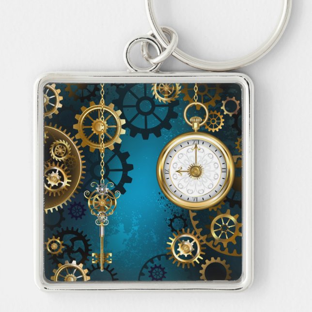 Steampunk turquoise Background with Gears Keychain (Front)