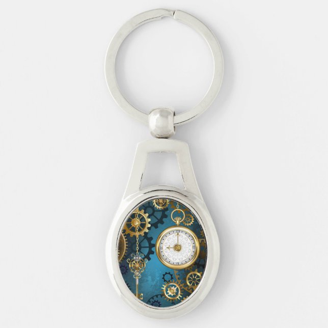 Steampunk turquoise Background with Gears Keychain (Front)