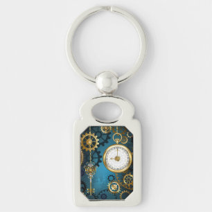 Steampunk turquoise Background with Gears Keychain