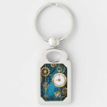 Steampunk Turquoise Background With Gears Keychain by Blackmoon9 at Zazzle