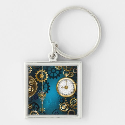 Steampunk turquoise Background with Gears Keychain