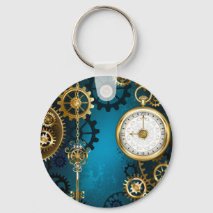 Steampunk turquoise Background with Gears Keychain