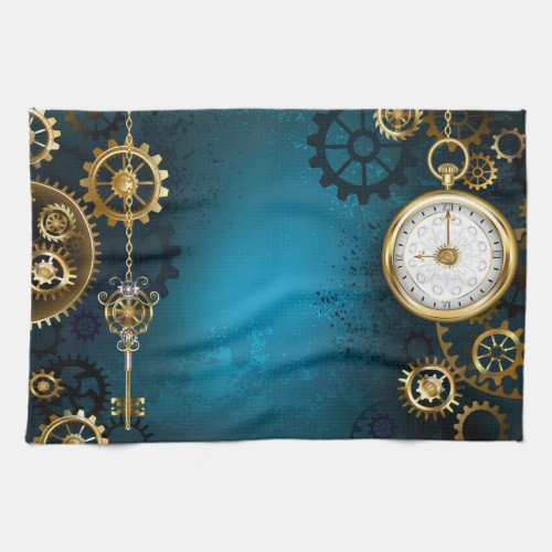 Steampunk turquoise Background with Gears Kitchen Towel