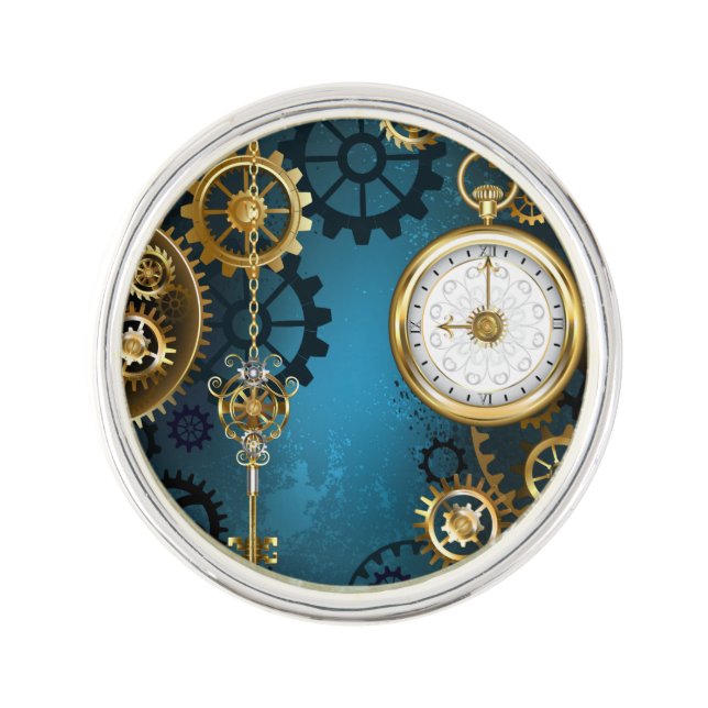 Steampunk turquoise Background with Gears Lapel Pin (Front)