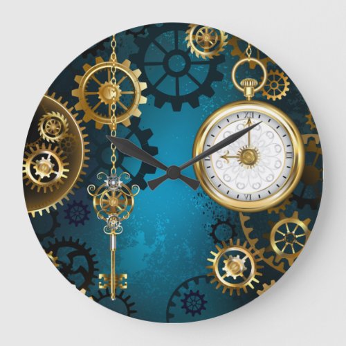 Steampunk turquoise Background with Gears Large Clock