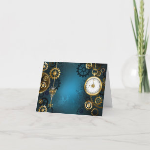Steampunk turquoise Background with Gears Letterpress Thank You Card