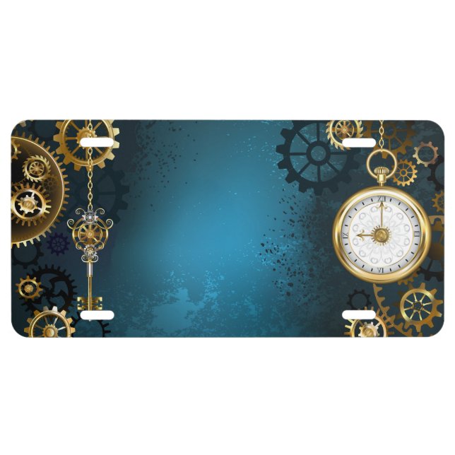 Steampunk turquoise Background with Gears License Plate (Front)