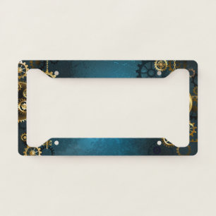 Steampunk turquoise Background with Gears License Plate Frame
