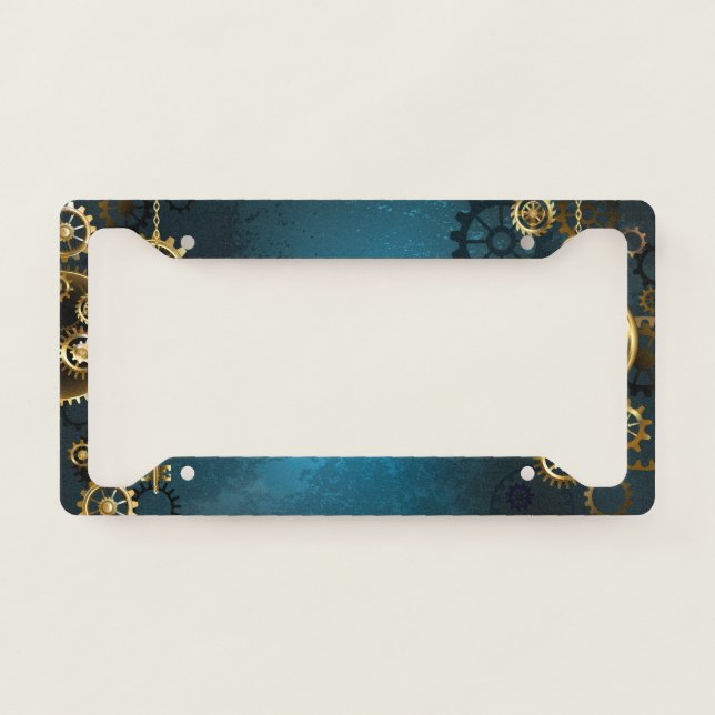 Steampunk turquoise Background with Gears License Plate Frame (Front)