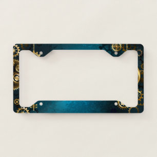 Steampunk turquoise Background with Gears License Plate Frame