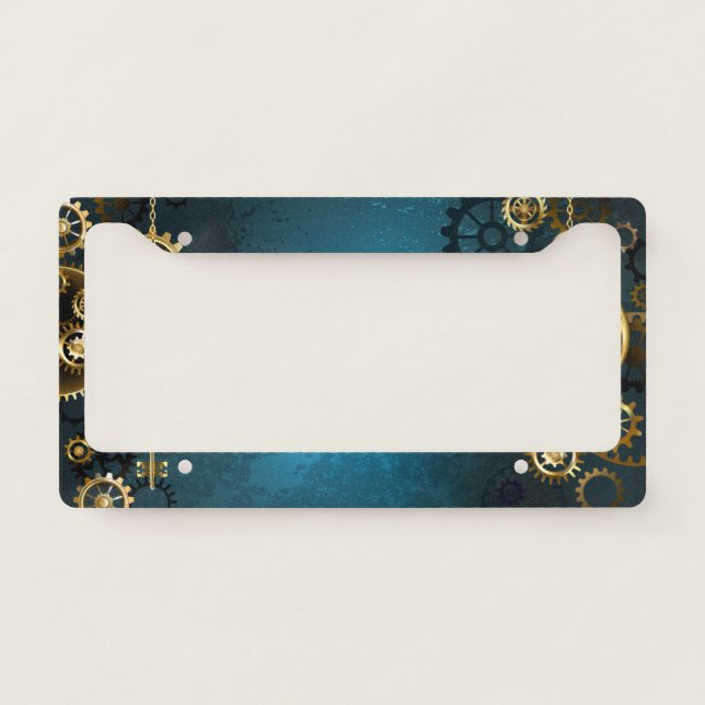 Steampunk turquoise Background with Gears License Plate Frame (Front)