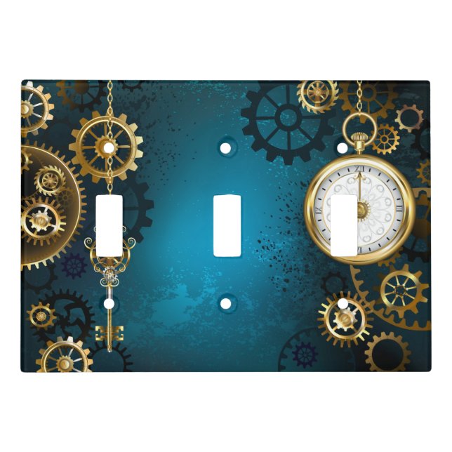 Steampunk turquoise Background with Gears Light Switch Cover (Front)