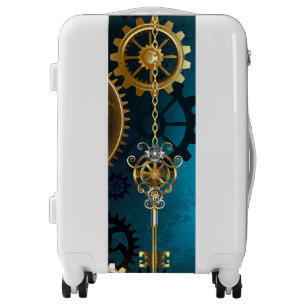Steampunk turquoise Background with Gears Luggage