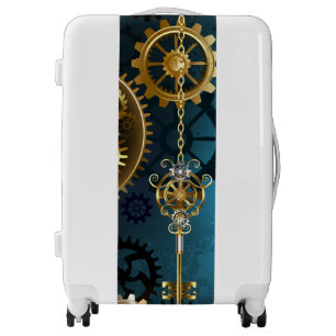 Steampunk turquoise Background with Gears Luggage