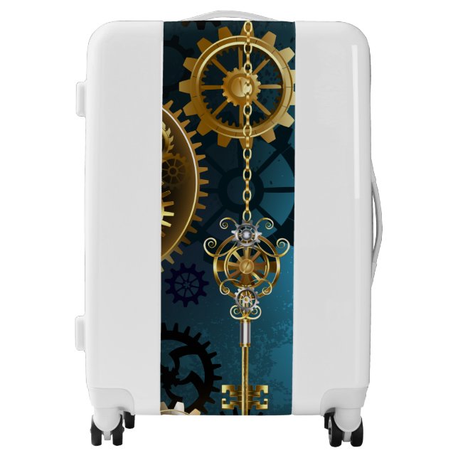 Steampunk turquoise Background with Gears Luggage (Front)
